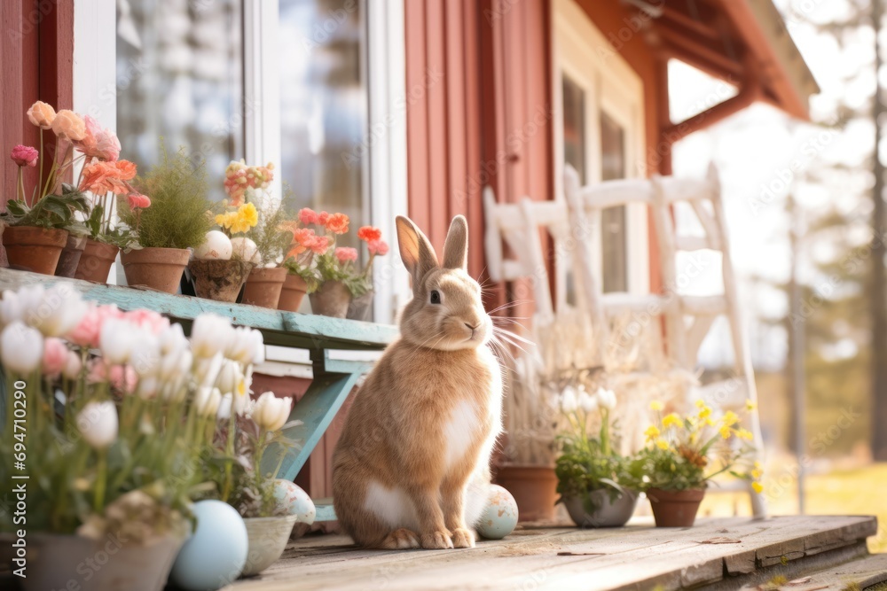 Rural house Easter decorated porch with rabbit, easter eggs and spring flowers