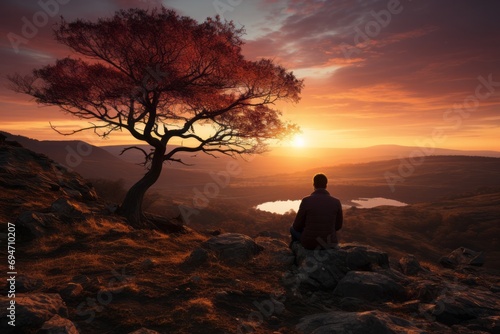 Solitary man on a hillside, captivated by the enchanting colors of a spring sunset, Generative AI © Shooting Star Std