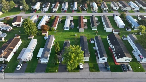 Trailer park in USA. Aerial truck shot above neat mobile homes in America. photo