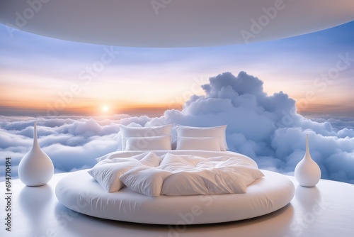 A bed in the clouds. A comfortable bed and a good night's sleep.