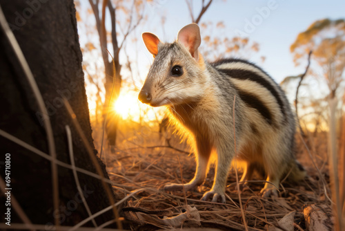 A Numbat, also known as the banded anteater, forages in the Australian bush at sunset © Veniamin Kraskov