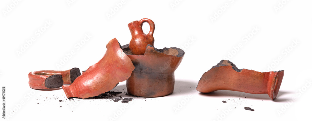Old brown pottery, isolated on white - obrazy, fototapety, plakaty 