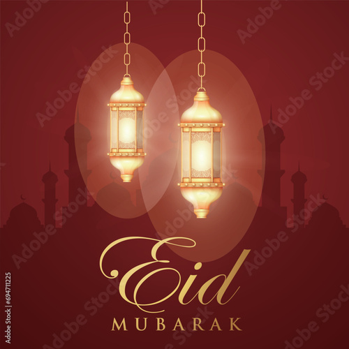 Ramadan Eid Mubarak background greeting card with candles and moon decoration