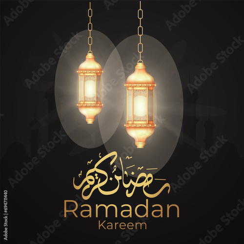 Ramadan Eid Mubarak background greeting card with candles and moon decoration