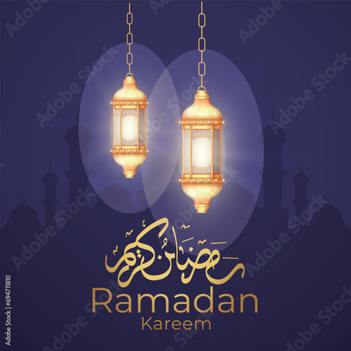Ramadan Eid Mubarak background greeting card with candles and moon decoration