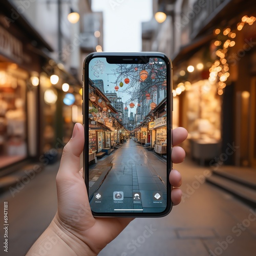 a hand holding a smartphone, capturing an image of a narrow, pedestrian-only street that aligns with the actual street in the background. The street is lined with buildings and lit by hanging lights.