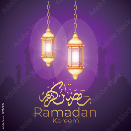Ramadan Eid Mubarak background greeting card with candles and moon decoration