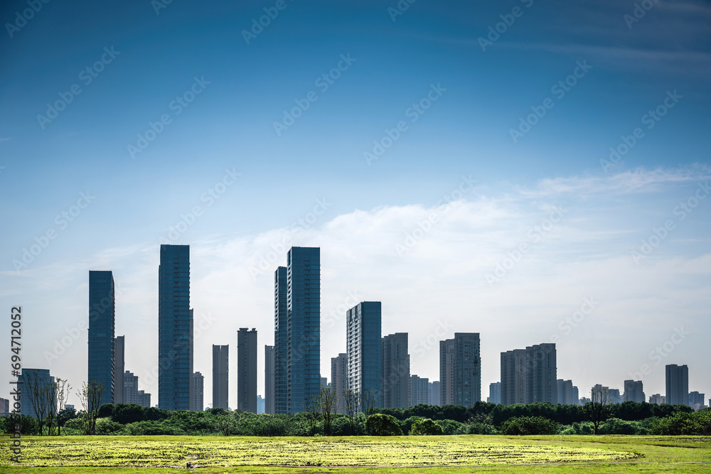Urban high-rise buildings behind the lawn