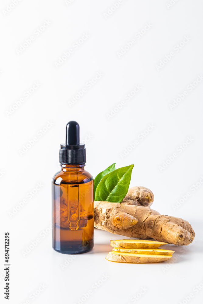 mock up amber glass dropper bottle and ginger root on white background. natural cosmetic concept, bottle with oil or serum , aroma therapy. mock up amber glass dropper bottle and ginger root on white background. natural cosmetic concept, bottle with oil or serum , aroma therapy.
