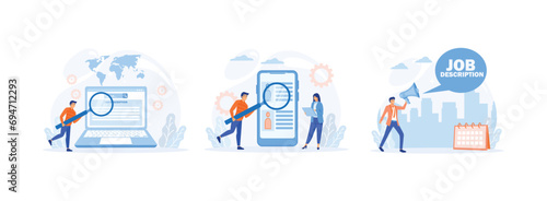 Employment search. Work Descriptions. Document that describes the responsibilities of a position. Job description set flat vector modern illustration