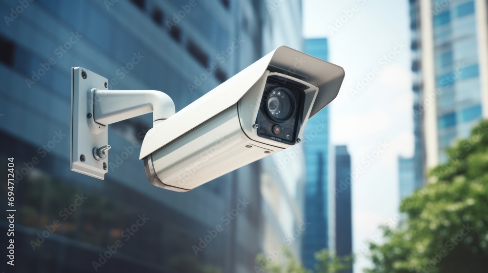 Outdoor surveillance camera on the street with office buildings. CCTV, Outdoor surveillance camera on the street with office buildings. CCTV,