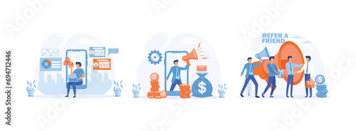 Job referral earn money. People shout on megaphone. Refer a friend and get rewarded. Job referral set flat vector modern illustration 