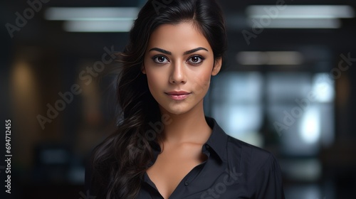 Wallpaper Mural Smiling brunette woman in her 20s with loose waves confidently poses indoors Torontodigital.ca