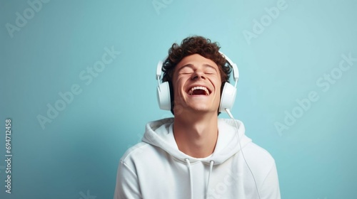 A laughing young man on a blue background wearing white headphones and a white hoodie listens to music photo