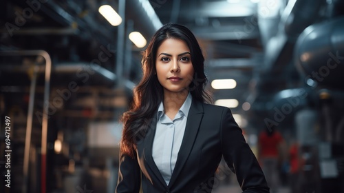 Portrait Asian indian female professional Engineer factory. 