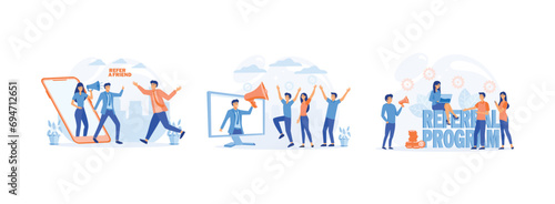 Business partnership strategy.Social media marketing.Friend sharing refer. Job referral set flat vector modern illustration