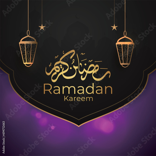 Ramadan Eid Mubarak background greeting card with candles and moon decoration