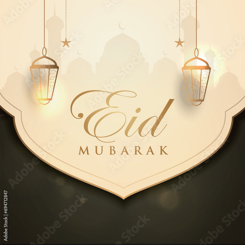 Ramadan Eid Mubarak background greeting card with candles and moon decoration