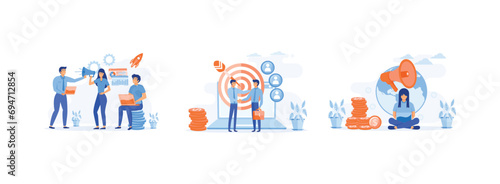Marketing team. Advertising business. Professional marketers service. Business marketing set flat vector modern illustration 