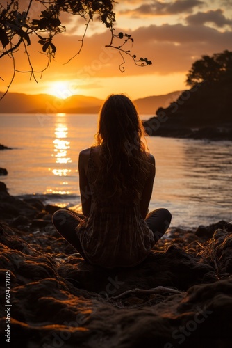 Pensive traveler on a beach, watching the stunning spring sunset over the ocean, Generative AI