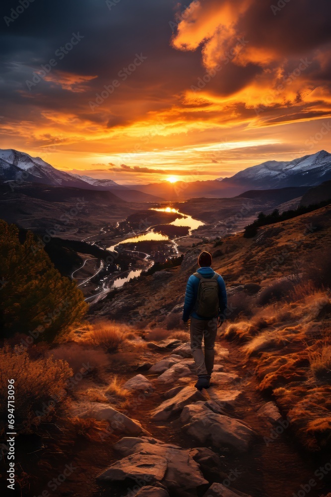 Solitary hiker pausing to enjoy the striking colors of a spring sunset in the mountains, Generative AI 