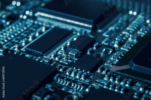 Modern electronic circuit board with processor, integrated circuits and surface mounted passive components close up. Technology background photo