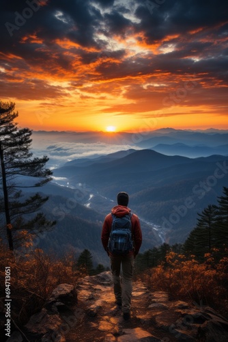 Solitary hiker pausing to enjoy the striking colors of a spring sunset in the mountains, Generative AI 