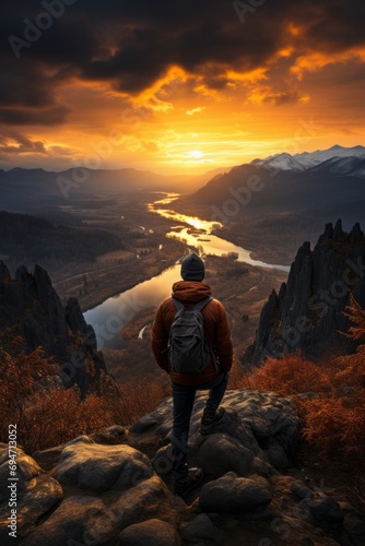 Solitary hiker pausing to enjoy the striking colors of a spring sunset in the mountains, Generative AI 