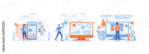 Target audience. Reputation management. Digital marketing.  Digital marketing set flat vector modern illustration 