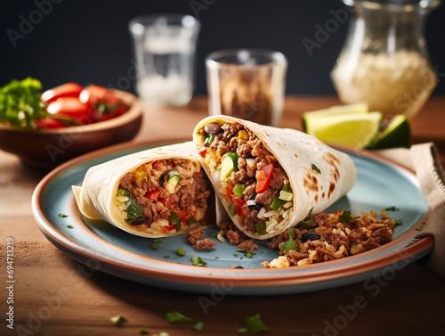 Delicious Mexican burrito with meat and vegetables. Traditional interior, Latin American, Mexican cuisine. Photorealistic, background with bokeh effect. 