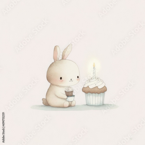 Watercolor Bunny with Cupcake, suitable for Birthday Celebration Theme