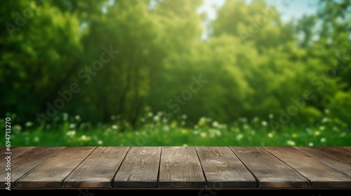 Minimalist Charm: Empty Wooden Table Against a Refreshing Green Background