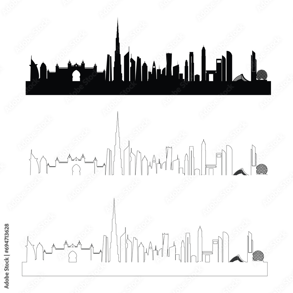 UAE Dubai Skyline Cityscape. Dubai city line art. skyline city, all famous buildings.