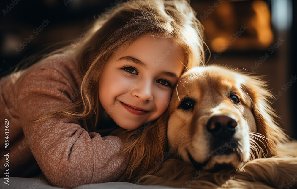Cheerful young girl cuddling with her golden retriever companion