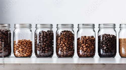 cafe details, Variety of different types of coffee beans in glass jars