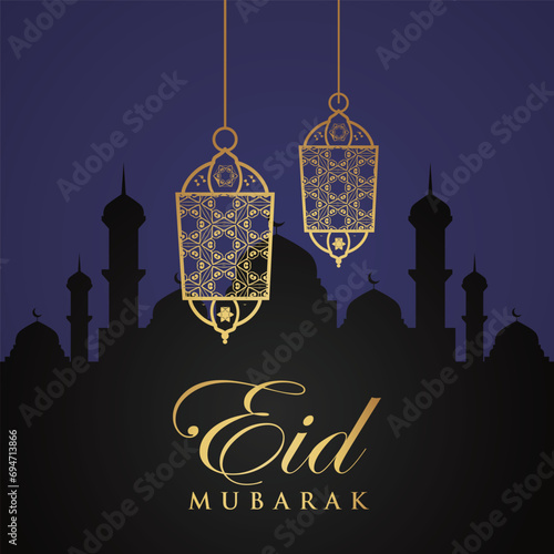 Ramadan Eid Mubarak background greeting card with candles and moon decoration