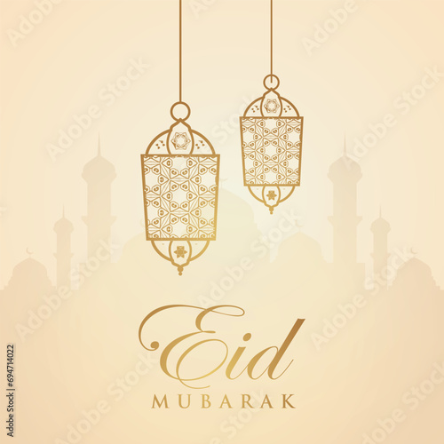 Ramadan Eid Mubarak background greeting card with candles and moon decoration