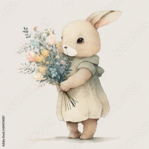 Watercolor Bunny Holding a Bouquet of Flowers
