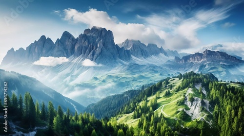  photo reality Beautiful view of the misty Val di Fassa valley with the Sella pass. National Parks. Dolomites (Dolomiti), South Tyrol. Canazei location, very stunning views