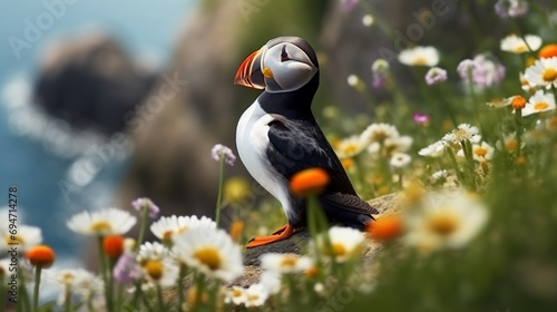 Atlantic Puffin Bird or Fratercula Arctica living at the cliff with wild flower. generative ai