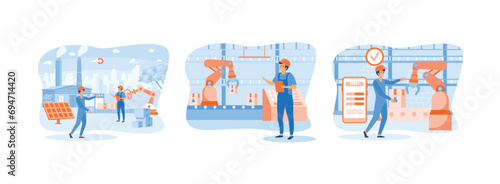 Smart industry.Industry factory works robotic arm. Innovative manufacturing. Smart industry set flat vector modern illustration 