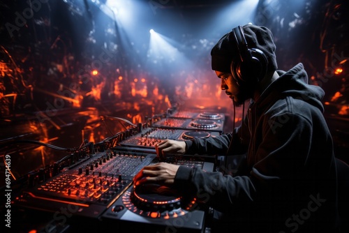 DJ artist's shadow creating a musical journey at an underground electronic dance club, Generative A