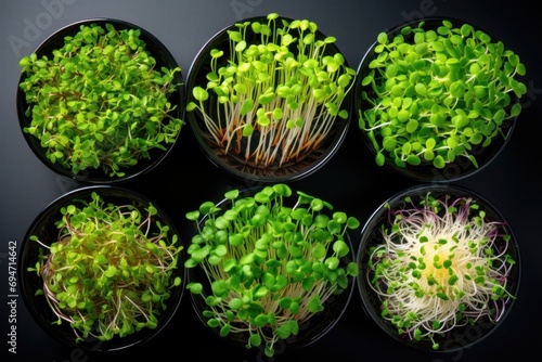 Six Various microgreen sprouts on black table, fresh vegan healthy food. Seed sprouting