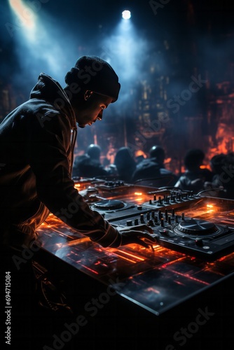 DJ artist's shadow creating a musical journey at an underground electronic dance club, Generative AI © Shooting Star Std