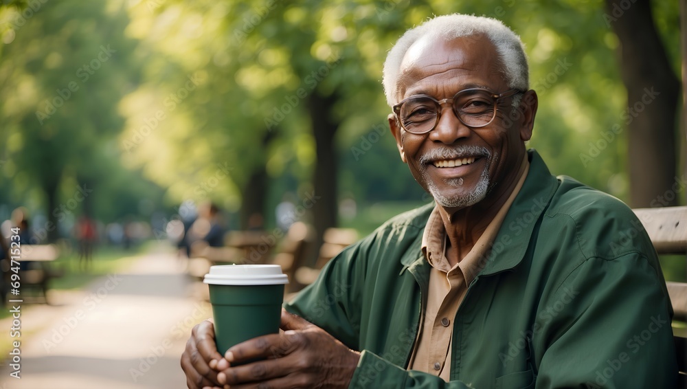 An elderly African man in a green jacket and glasses smiles while holding a coffee cup in his hands An elderly African man in a green jacket and glasses smiles while holding a coffee cup in his hands