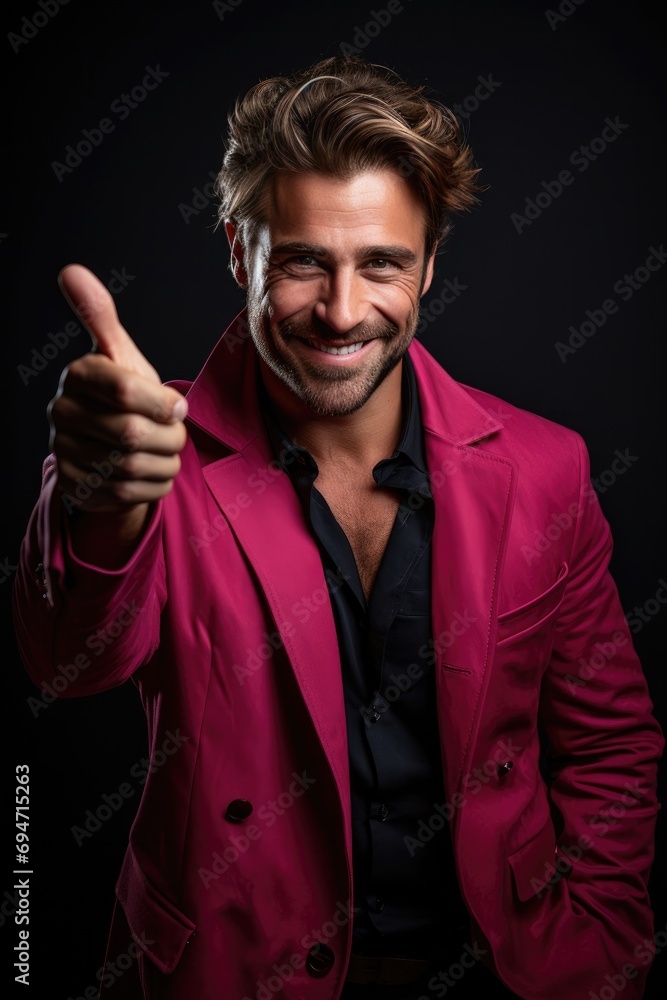 Smiling Man with Thumbs Up in Red Suit