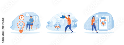 Circular economy. Man watering plants. Research green energy, reducing carbon dioxide emissions and climate impact. Circular economy 1 set flat vector modern illustration