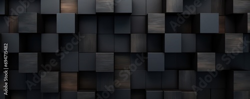 Dark wood texture forms the backdrop for a composition of abstractly stacked wooden cubes.