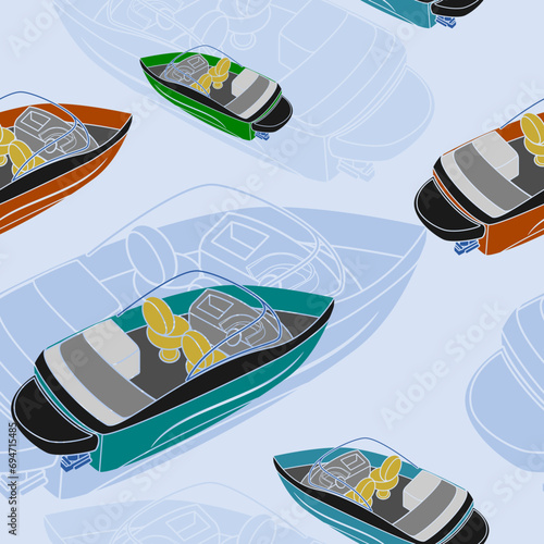 Editable Back Top Oblique View American Bowrider Boats in Various Colors on Water Vector Illustration as Seamless Pattern for Creating Background of Transportation or Recreation Related Design photo