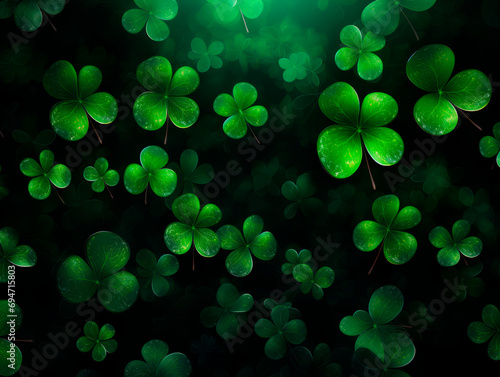 The green background of the copy area with clover and gold coins for St. Patrick's Day. Bokeh. Blur. 
